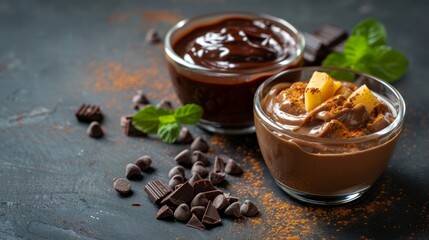 Butterscotch Pudding and Chocolate Pudding. Copy space. Chocolate Pudding Day