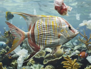 Wall Mural - Medium shot of A sea fish is swimming through an ocean filled with plastic waste, highlighting the impact of human activity on marine life and their environment