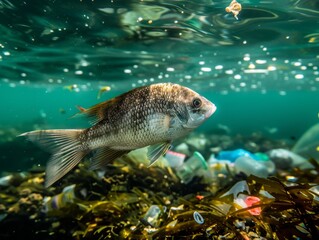 Wall Mural - Medium shot of A sea fish is swimming through an ocean filled with plastic waste, highlighting the impact of human activity on marine life and their environment