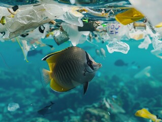 Wall Mural - Medium shot of A sea fish is swimming through an ocean filled with plastic waste, highlighting the impact of human activity on marine life and their environment