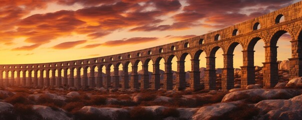 Repeating arches of a classical aqueduct, bathed in golden sunset light, high detail, digital painting