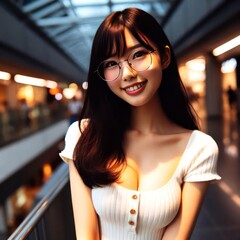 Wall Mural - beautiful Japanese girl, beautiful smile, slim body , with black hair short to the ears, wearing a glasses. 28