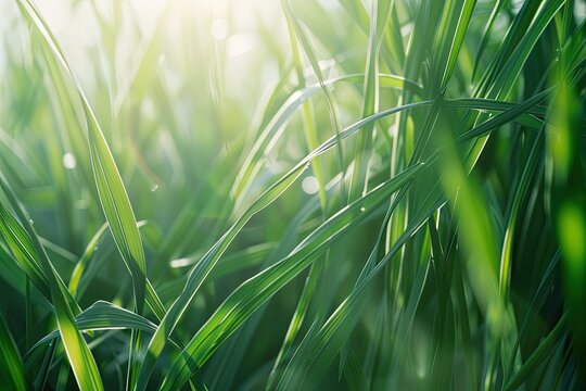 A close up view of green grass swaying in the wind across a field