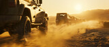 A powerful image of a line of jeeps driving through a golden desert haze, their headlights glowing brightly in the early morning light.