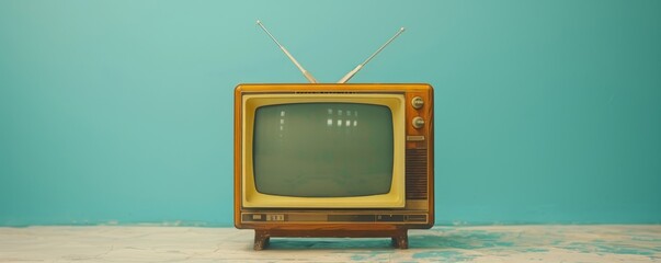 Vintage retro old television set on a pastel blue background with ample space for copy, perfect for banner design, featuring an old wooden TV isolated in a white studio, shown from the front view.