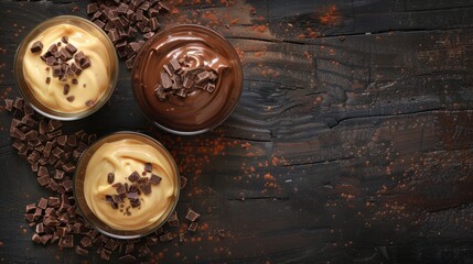 Butterscotch Pudding and Chocolate Pudding. Copy space. Chocolate Pudding Day