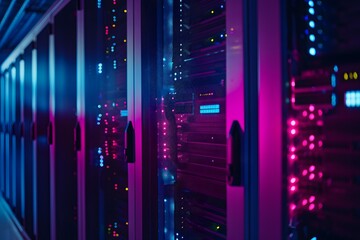 Wall Mural - a high-tech data center with rows of glowing blue and purple server cabinets, illuminated by soft pi