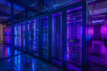 Wall Mural - a high-tech data center with rows of glowing blue and purple server cabinets, illuminated by soft pi