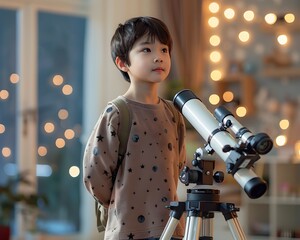 Wall Mural - student using telescope in astronomy class to observe night sky