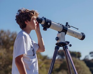 Wall Mural - student exploring the night sky through a telescope in an astronomy class