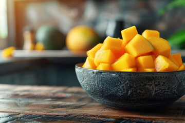 Wall Mural - a bowl of mango cubes on the wooden table with blurred kitchen background