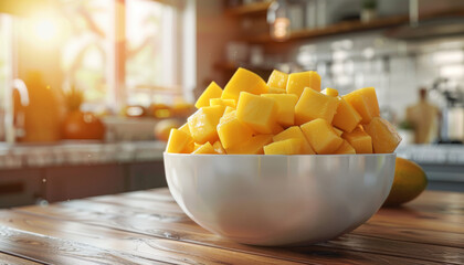 Wall Mural - a bowl of mango cubes on the wooden table with blurred kitchen background