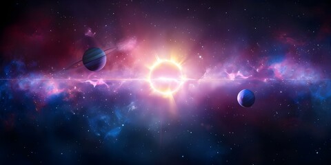 Panoramic banner featuring planets orbiting the sun in the center. Concept Banner Design, Planets, Solar System, Panoramic, Sun