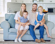© peopleimages.com - Smile, portrait and family relax on sofa house for bonding, love and care or hug in living room together. Happy, woman and man with children for childhood, support and trust of memory at home