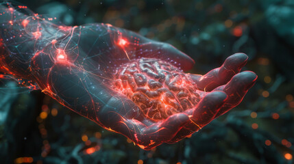 Wall Mural - abstract palm hands touching brain with network connections, innovative technology in science and co