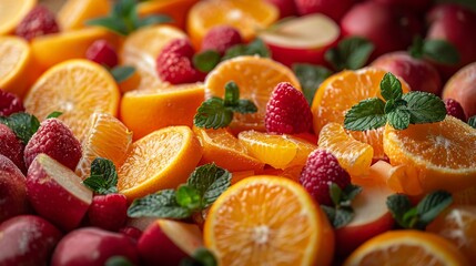 Wall Mural - A vibrant assortment of fresh fruits including oranges and berries with a blurred section obscuring a face, symbolizing health and vitality