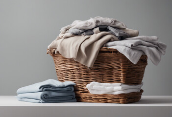 Collection of Stack of clean clothes and wicker basket with clean laundry isolated