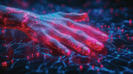 Wall Mural - abstract palm hands touching brain with network connections, innovative technology in science and co