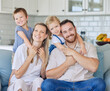 © peopleimages.com - Happy, family and portrait relax on sofa house for bonding, love and care or hug in living room together. Smile, woman and man with children for childhood, support and trust of memory at home