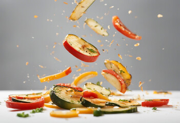 Wall Mural - Falling grilled vegetable slices isolated on a white background