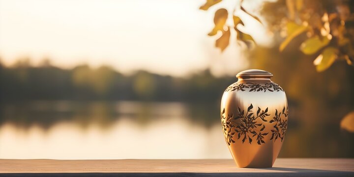 Serene backdrop accentuates the peaceful beauty of a cremation urn. Concept Cremation Urns, Serenity Theme, Funeral Accessories