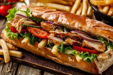 Wall Mural - Grilled chicken baguette sandwich with fresh vegetables and fries