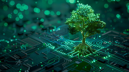 Green technology concept of digital environment in futuristic polygonal style. Glowing neon tree on the background of circuit board.