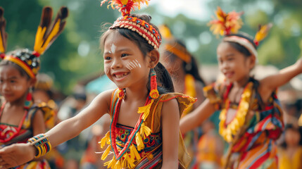 Girls performing a ceremonial dance at a cultural event, ceremonial objects and rituals, upper third copy space