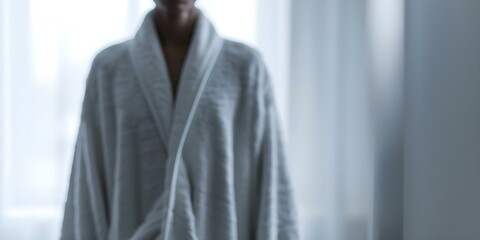 Wall Mural - Obscured figure in bathrobe with hidden face against room backdrop. Concept Mysterious Portraits, Hidden Identity, Concealed Faces, Intriguing Imagery