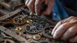 © Parintron - Hands of a skilled craftsman meticulously repairing intricate vintage clock gears in a workshop, demonstrating precision and expertise.