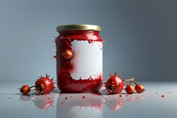 Wall Mural - canned food, sweet red rosehip preserved in jars