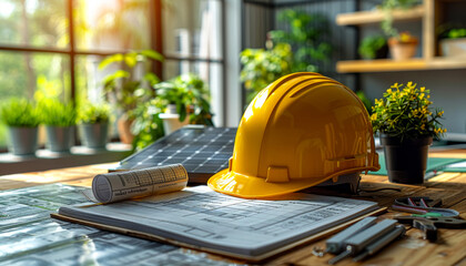 Construction Plans With Hard Hat on Wooden Table. A yellow construction helmet sits on a blueprint with a solar panel in the background