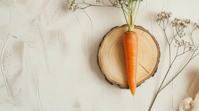 Boho decor with a wooden bottom and orange carrot