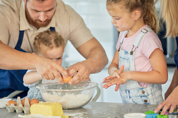 Wall Mural - Hands, teaching or family cooking with children in kitchen for child development to prepare cookies. Father, parents or kids siblings learning recipe for bonding, baking or dessert for love in home