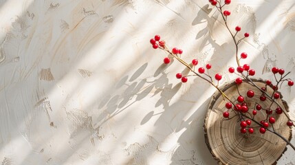 Wall Mural - Boho decor with a wooden bottom and red berries on branch