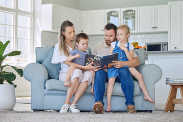 Wall Mural - Parents, kids and home with storytelling on sofa for fantasy, bonding and care with education. Family, people and support with learning on book reading for knowledge, information and child growth