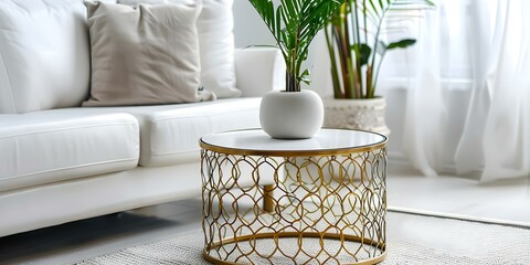 Wall Mural - Golden Steel Side Table Adds Modern Touch to Asian-Style Room with White Sofa. Concept Home Decor, Modern Touch, Asian Style, Steel Furniture, Interior Design