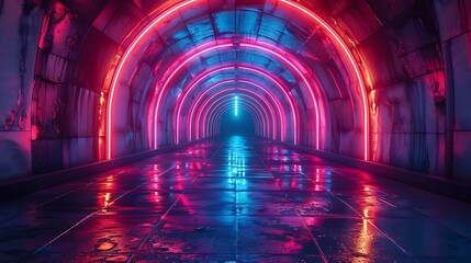 Wall Mural - Futuristic tunnel formed by neon trapezoids, vibrant neon colors, dark background, hd quality, digital art, high contrast, geometric precision, modern design, artistic composition, dynamic and lively 