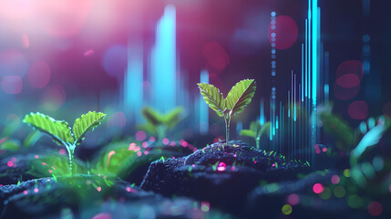 green technology concept of digital environment in futuristic polygonal style. glowing neon tree on 