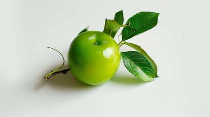 Wall Mural - Fresh green apple with leaves on white background