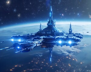 Wall Mural - Massive Interstellar Space Station Orbiting Blue Supergiant Star
