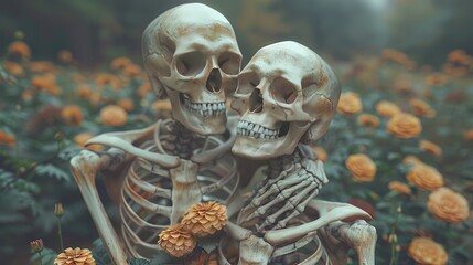 Poster - Eternal love depicted with a beautiful skull skeleton couple cuddling in a forest, surrounded by flowers, a romantic yet eerie Valentine or Halloween background, smiling at each other in detailed 8K  