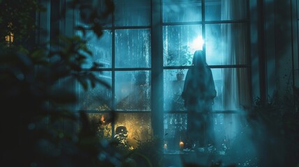 A ghostly silhouette stands behind a glass pane with raindrops, lit by a soft blue light