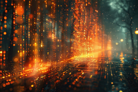 Digital rain of orange and yellow binary code cascading down in a dark, atmospheric setting. The image suggests a futuristic, cybernetic environment, filled with energy and movement..