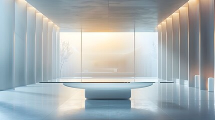 Wall Mural - Sleek Glass Table in Bright Modern Showroom for Product Display