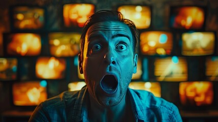 Wall Mural - The man is surprised or shocked by something he is watching on the television