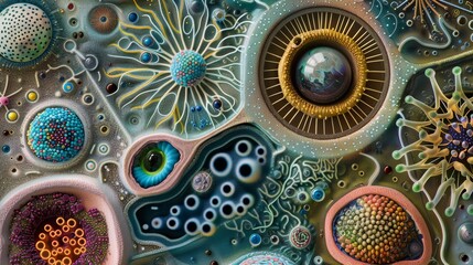 Wall Mural - a detailed, colorful, and abstract microscopic image showcasing a variety of cells, organisms, and t