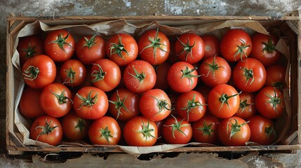 Sticker - Top-down view showcasing a wooden crate filled with freshly picked ripe tomatoes