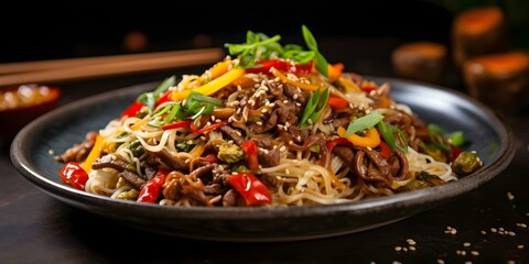 Wall Mural - Beef and Vegetable Yakisoba Stirfry. Concept Asian Cuisine, Stir-Fry Recipes, Quick Meals