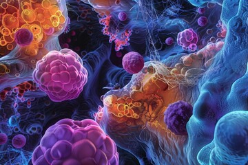 Wall Mural - a microscopic view of cells, revealing the intricate structure and vibrant colors of life at a cellu